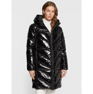 Calvin Klein dámský černý lesklý kabát DIAGONAL QUILT LONG COAT - S (BEH)
